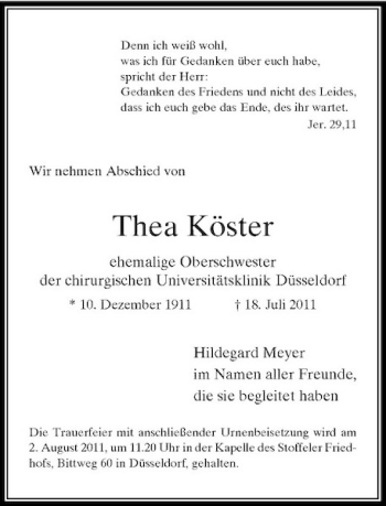 Traueranzeige von Thea Köster von Rheinische Post