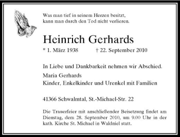 Traueranzeige von Heinrich Gerhards von Rheinische Post