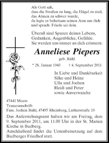 Traueranzeige von Anneliese Piepers von Rheinische Post