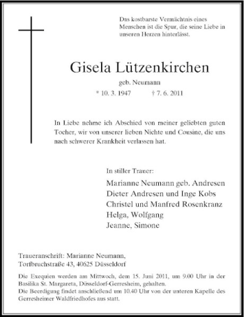 Traueranzeige von Gisela Lützenkirchen von Rheinische Post