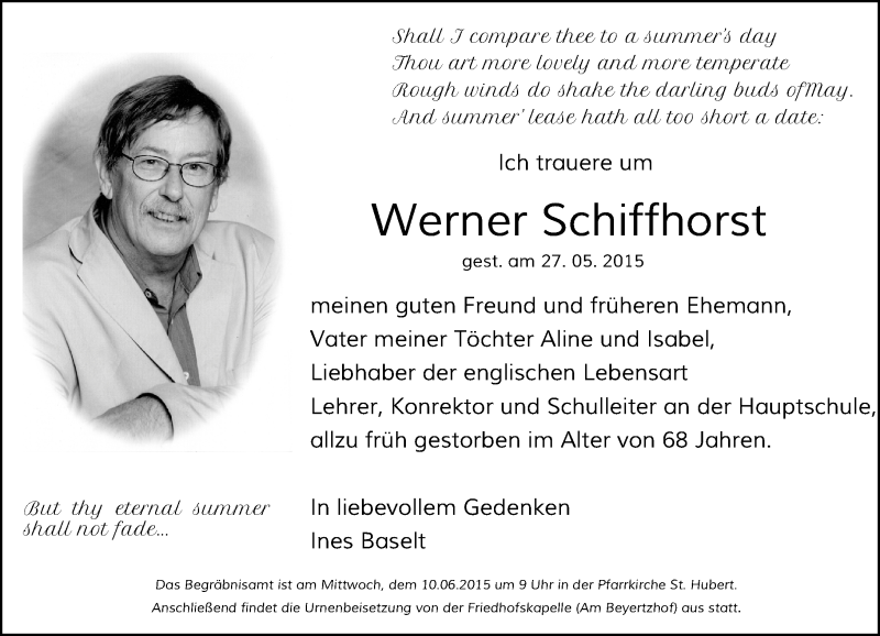  Traueranzeige für Werner Schiffhorst vom 06.06.2015 aus Rheinische Post