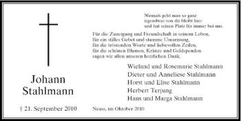 Traueranzeige von Johann Stahlmann von Rheinische Post