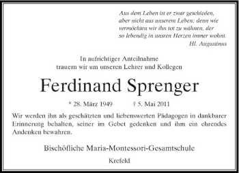 Traueranzeige von Ferdinand Sprenger von Rheinische Post