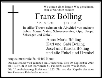 Traueranzeige von Franz Bölling von Rheinische Post