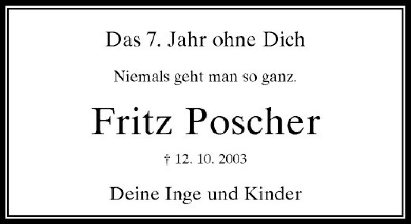  Traueranzeige für Fritz Poscher vom 13.10.2010 aus Rheinische Post