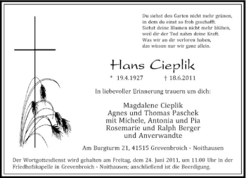 Traueranzeige von Hans Cieplik von Rheinische Post