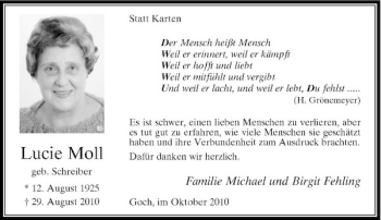 Traueranzeige von Lucie Moll von Rheinische Post