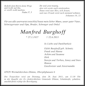 Traueranzeige von Manfred Burghoff von Rheinische Post