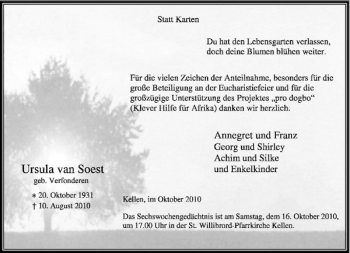 Traueranzeige von van Soest von Rheinische Post