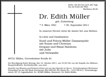 Traueranzeige von Edith Müller Dr. von Rheinische Post