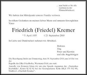 Traueranzeige von Friedrich (Friedel) Kremer von Rheinische Post