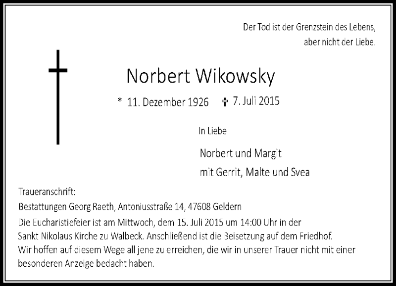  Traueranzeige für Norbert Wikowsky vom 11.07.2015 aus Rheinische Post