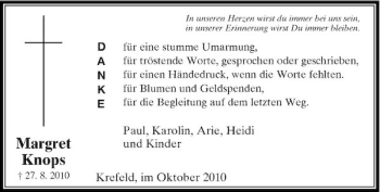 Traueranzeige von Margret Knops von Rheinische Post