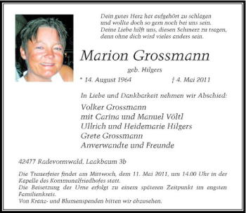 Traueranzeige von Marion Grossmann von Rheinische Post