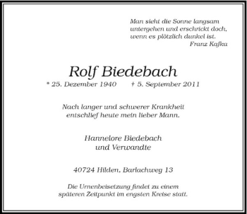 Traueranzeige von Rolf Biedebach von Rheinische Post