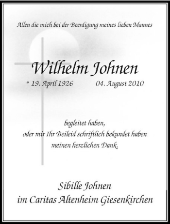 Traueranzeige von Wilhelm Johnen von Rheinische Post