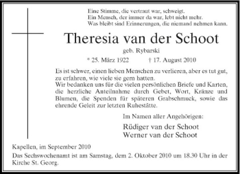 Traueranzeige von Theresia van der Schoot von Rheinische Post