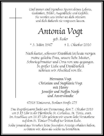 Traueranzeige von Antonia Vogt von Rheinische Post