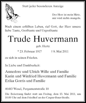 Traueranzeige von Trude Huvermann von Rheinische Post