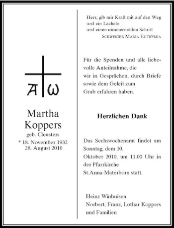 Traueranzeige von Martha Koppers von Rheinische Post