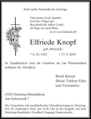 Traueranzeige von Elfriede Knopf von Rheinische Post