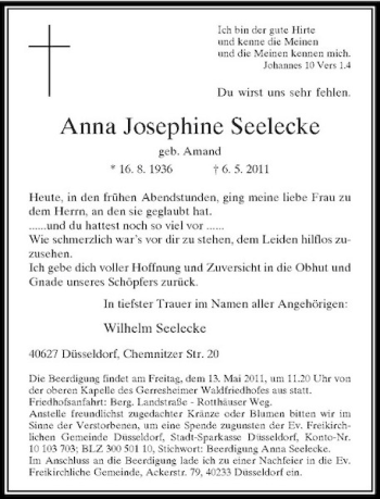 Traueranzeige von Anna Josephine Seelecke von Rheinische Post