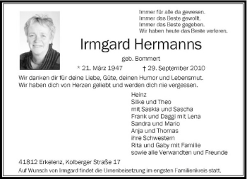 Traueranzeige von Irmgard Hermanns von Rheinische Post