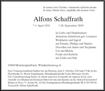 Traueranzeige von Alfons Schaffrath von Rheinische Post