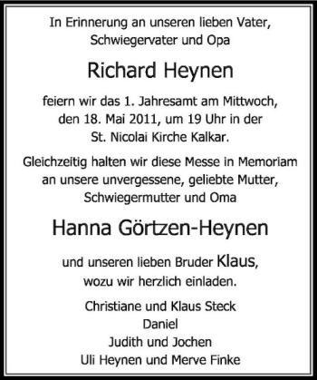 Traueranzeige von Richard Heynen und Hanna Görtzen-Heynen von Rheinische Post