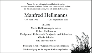 Traueranzeige von Manfred Hellmanns von Rheinische Post