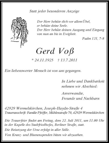 Traueranzeige von Gerd Voß von Rheinische Post