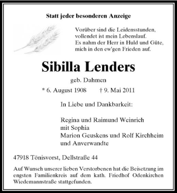 Traueranzeige von Sibilla Lenders von Rheinische Post