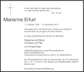 Traueranzeige von Marianne Erfurt von Rheinische Post