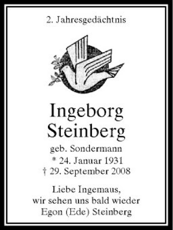 Traueranzeige von Ingeborg Steinberg von Rheinische Post