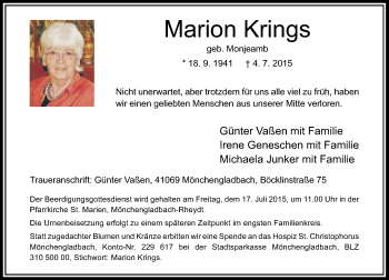 Traueranzeige von Marion Krings von Rheinische Post