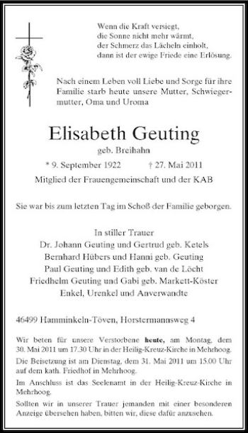 Traueranzeige von Elisabeth Geuting von Rheinische Post
