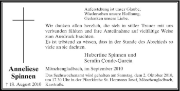 Traueranzeige von Anneliese Spinnen von Rheinische Post