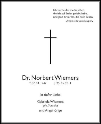 Traueranzeige von Dr. Norbert Wiemers von Rheinische Post