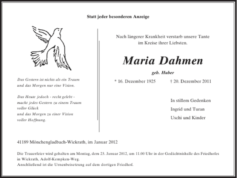  Traueranzeige für Maria Dahmen vom 18.01.2012 aus Rheinische Post