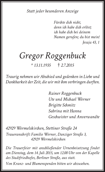 Traueranzeige von Gregor Roggenbuck von Rheinische Post