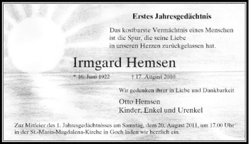 Traueranzeige von Irmgard Hemsen von Rheinische Post