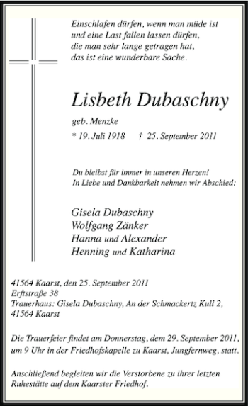 Traueranzeige von Lisbeth Dubaschny von Rheinische Post