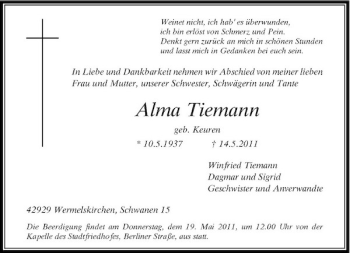 Traueranzeige von Alma Tiemann von Rheinische Post