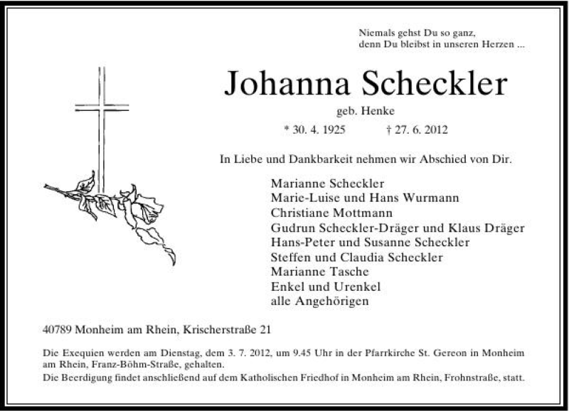  Traueranzeige für Johanna Scheckler vom 30.06.2012 aus Rheinische Post