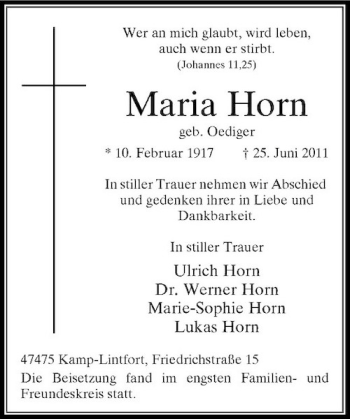 Traueranzeige von Maria Horn von Rheinische Post