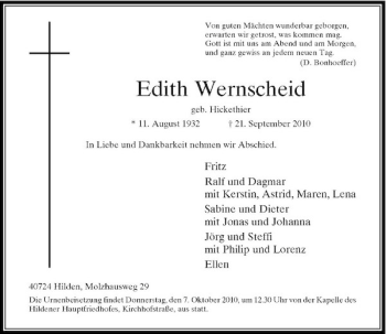 Traueranzeige von Edith Wernscheid von Rheinische Post