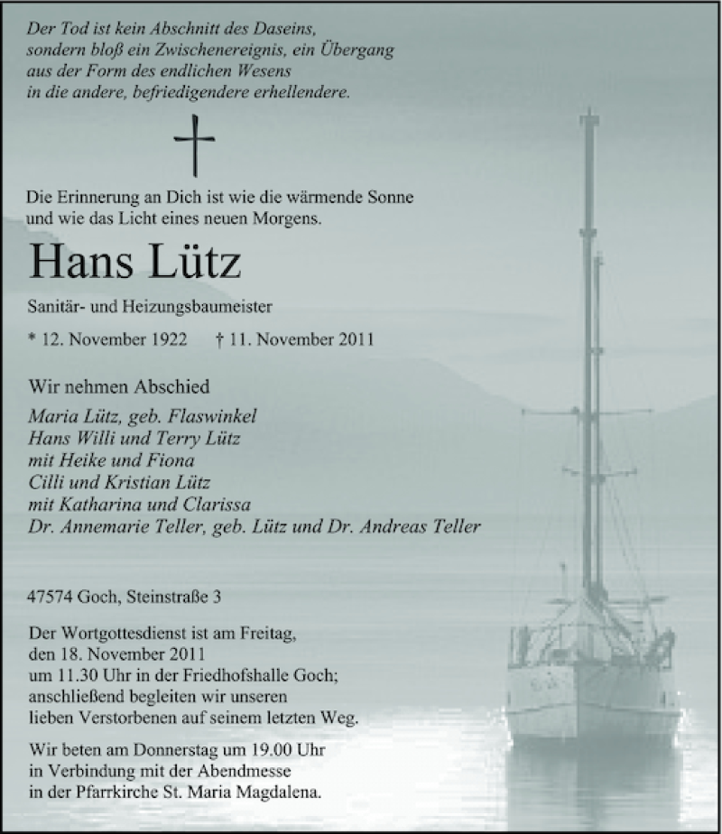  Traueranzeige für Lütz Hans vom 15.11.2011 aus Rheinische Post