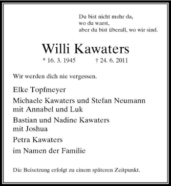 Traueranzeige von Willi Kawaters von Rheinische Post