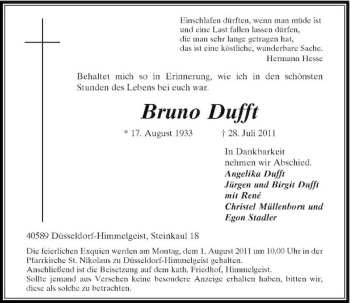 Traueranzeige von Bruno Dufft von Rheinische Post