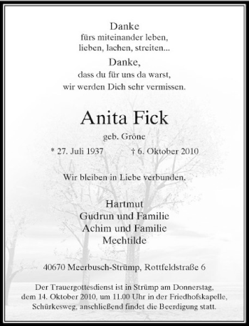 Traueranzeige von Anita Fick von Rheinische Post